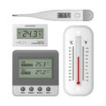 Vector realistic 3d celsius and fahrenheit meteorology, weather, electronic medical and aquarium thermometer icon set