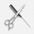 Vector Realistic 3d Classic Simple Scissors and Black Plastic Hairdresser s Comb Icon for Salon, Barbershop, Mock-up