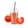 Vector realistic 3d clear plastic disposable transparent cup with pipe. Fresh red tomato smoothie or juice. Mug of Royalty Free Stock Photo