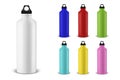 Vector realistic 3d different color empty glossy metal water bottle with black bung icon set closeup on white background Royalty Free Stock Photo