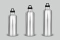 Vector realistic 3d different size - small, medium, large - silver empty glossy metal water bottle with black bung icon