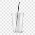 Vector realistic 3d empty clear plastic disposable cup with a straw closeup isolated on transparency grid background Royalty Free Stock Photo