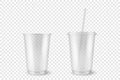 Vector Realistic 3d Empty Clear Plastic Opened, Closed Disposable Cup with Straw Set Closeup Isolated on Transparent