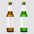 Vector realistic 3d empty glossy brown and green beer bottle with cap icon set closeup isolated on transparency grid Royalty Free Stock Photo