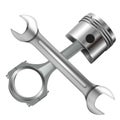 Vector realistic, 3D engine repair concept with wrench and piston isolated on white background.