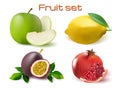 Vector realistic 3d fruit set. Passionfruit, pomegranate, lemon apple isolated Royalty Free Stock Photo