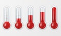 Vector realistic 3d glass meteorology, weather thermometer scale sign icon set closeup isolated on white background