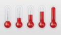 Vector realistic 3d glass meteorology, weather thermometer scale sign icon set closeup isolated on white background