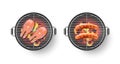 Vector realistic 3d illustration of barbecue grill with grilled sausage and salmon steak. BBQ top view icon. Royalty Free Stock Photo