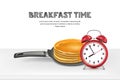 Vector realistic 3d illustration of pan with pancake, alarm clock on table. Design for breakfast menu, cafe, restaurant.