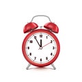 Vector realistic 3d illustration of red alarm clock, isolated on white background. Five minutes to twelve o`clock