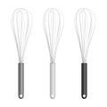 Vector Realistic 3D Metal Wire Steel Whisk with Grey, White, Black Handle Set Isolated. Cooking Utensil, Egg Beater
