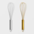 Vector realistic 3D metal wire steel whisk icon set - silver and gold - closeup isolated on white background. Cooking Royalty Free Stock Photo