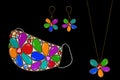 Vector Realistic 3D Set Of Pretty Floral Handmade Protective Mask With Pendant And Ear Rings