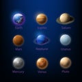 Vector realistic, 3d set of solar system planets. Illustration of nine planets with an inscription on a dark blue