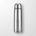 Vector realistic 3d silver empty glossy metal vacuum thermo tumbler flask closeup on white background. Design template