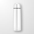 Vector realistic 3d wgite empty glossy metal vacuum thermo tumbler flask closeup on white background. Design template of