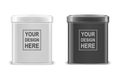 Vector realistic 3d white and black blank metal aluminium tea tin can container with cap rectangular or square shape