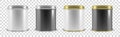 Vector realistic 3d white and black metal tin can container set closeup isolated on transparent background. Design Royalty Free Stock Photo