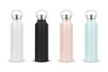 Vector Realistic 3d White, Black, Pink and Blue Blank Glossy Metal Reusable Water Bottle Icon Set with Silver Bung Royalty Free Stock Photo