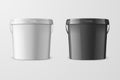 Vector Realistic 3d White and Black Plastic Bucket for Food Products, Paint, Foodstuff, Adhesives, Primers, Putty