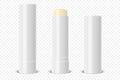 Vector Realistic 3d White Blank Glossy Closed, Opened Lip Balm Stick, Hygienic Lipstick Set Closeup Isolated. Design