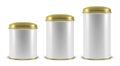 Vector realistic 3d white blank metal aluminium tin can containers with gold cap different size - small, medium and big