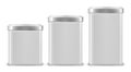 Vector realistic 3d white blank metal aluminium tin can containers with silver cap different size - small, medium and