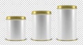 Vector Realistic 3d White Blank Metal Tin Can Container Set Closeup Isolated on Transparent Background. Design Template Royalty Free Stock Photo