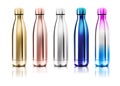 Vector Realistic 3d blue and gold Empty Glossy Metal Reusable Water Bottle with Silver Bung Set Closeup on Transparency Royalty Free Stock Photo