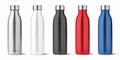 Vector Realistic 3d White, Silver, Black, Red, Blue Empty Glossy Metal Reusable Water Bottle with Silver Bung Set Royalty Free Stock Photo