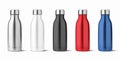 Vector Realistic 3d White, Silver, Black, Red, Blue Empty Glossy Metal Reusable Water Bottle with Silver Bung Set Royalty Free Stock Photo