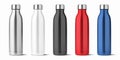 Vector Realistic 3d White, Silver, Black, Red, Blue Empty Glossy Metal Reusable Water Bottle with Silver Bung Set Royalty Free Stock Photo