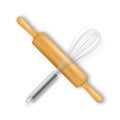 Vector realistic 3D wooden rolling pin and metal wire steel whisk cross-shaped icon closeup isolated on white baclground Royalty Free Stock Photo