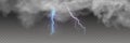 Vector realistic dark stormy sky with clouds, heavy rain and lightning strikes