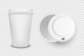 Vector 3d Realistic Disposable Opened and Closed Paper, Plastic Coffee, Tea Cup for Drinks with White Plastic Lid Icon