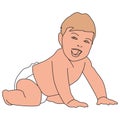 Vector realistic drawn baby on white. Cute laughing little baby boy dressed in white diaper, creeps Royalty Free Stock Photo