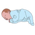 Vector realistic drawn baby on white. Cute little newborn, dressed in blue sleepwear, sleeps.