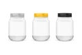 Vector realistic empty glass jar for canning and preserving set with silvery, golden and black lids closeup isolated on