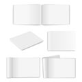 Vector realistic empty paper closed and opened A4 horizontal magazine, book, catalog or brochure with rolled white paper Royalty Free Stock Photo