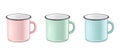 Vector realistic enamel metal in pastel colors - pink, green, blue - mug set isolated on white background. EPS10 design Royalty Free Stock Photo