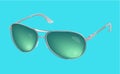 Vector realistic eye glasses, green sunglasses isolated on blue background.