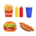 Vector Realistic fast Food Set. Burger, Beverage, Coffee, French Fries, Hot Dog, Ketchup, Mustard. Isolated On White background Royalty Free Stock Photo