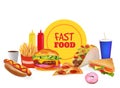 Vector Realistic fast Food Set Composition. Burger, Pazza,Taco, Beverage, Coffee, French Fries, Hot Dog, Sandwich, Donut, Ketchup, Royalty Free Stock Photo