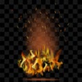 Vector realistic fire. Red Flame over checkered black background. Hot red and yellow burning fire with flying embers