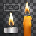Vector realistic flame. Candle set on transparent background. Tea and wax candles.
