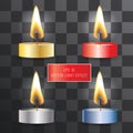 Vector realistic flame. Candle set on transparent background. Tea and wax candles.