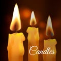 Vector realistic flame. Wax church Candle set on dark background.