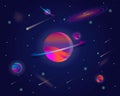 Vector realistic and futuristic space background with bright light planets and stars. Abstract universe with big planet Royalty Free Stock Photo