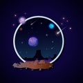 Vector realistic and futuristic space backgroundin frame. Cartoon fantasy space landscape. Alien planet background. Vector cosmic